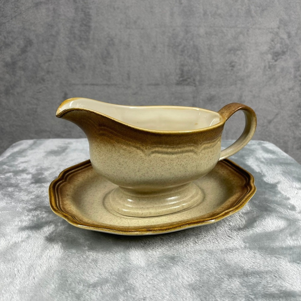 Vintage Mikasa Whole Wheat E8000 Gravy Boat Underplate Japan Stoneware